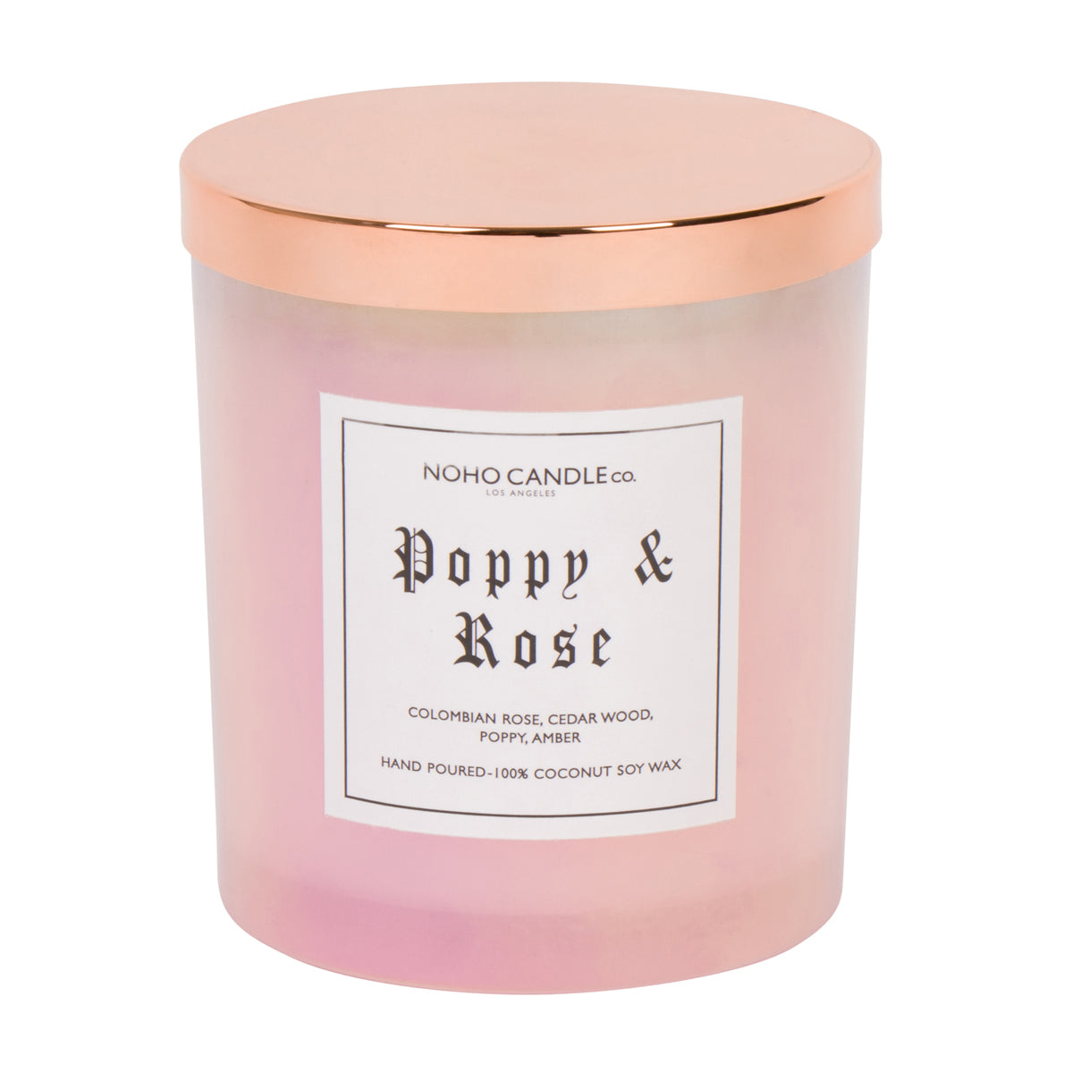 A pink glass jar candle with a copper lid.  It's a 14oz Poppy & Rose candle.
