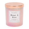 A pink glass jar candle with a copper lid.  It's a 14oz Poppy & Rose candle.