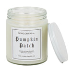 An 8oz short Pumpkin Patch candle.  The wax is white, the jar is clear, and the lid is white and screws on.