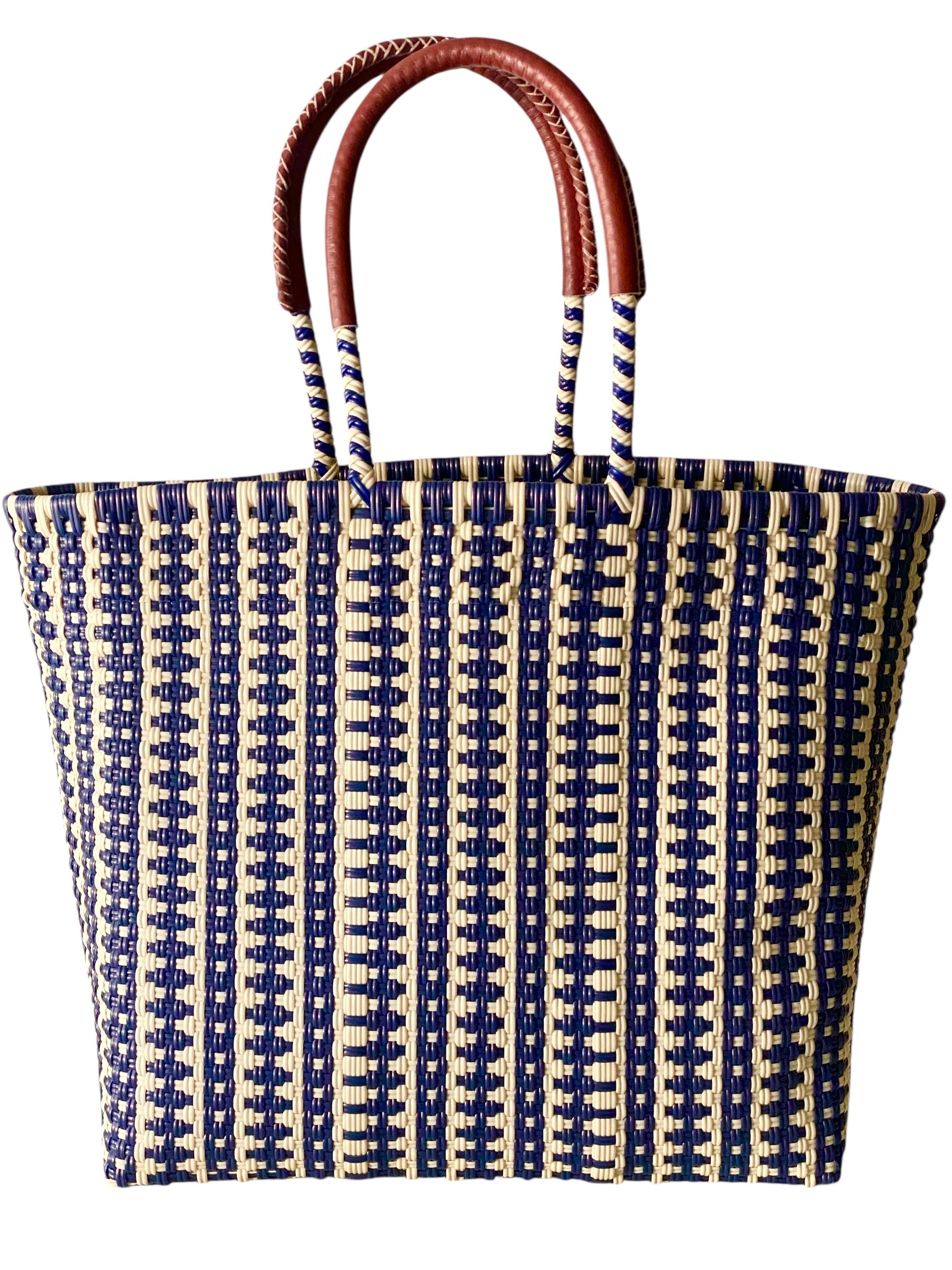 Recycled ♻️ Plastic Ivory Blue  Large Tote  Repurposed Leather