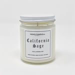 A 9oz jar containing 8 ounces of California Sage candle.  It has a white screw-on lid.