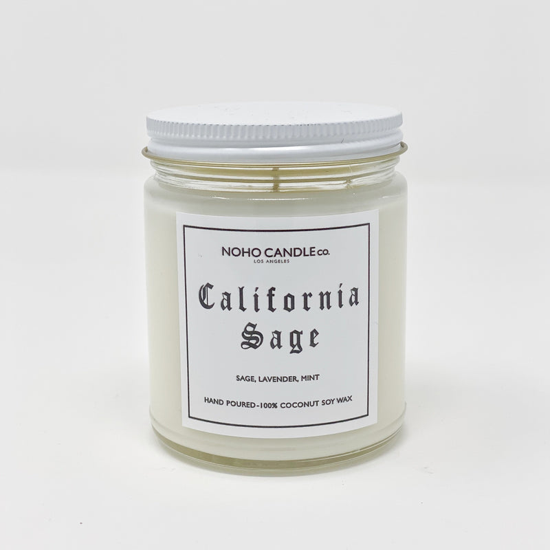 A 9oz jar containing 8 ounces of California Sage candle.  It has a white screw-on lid.