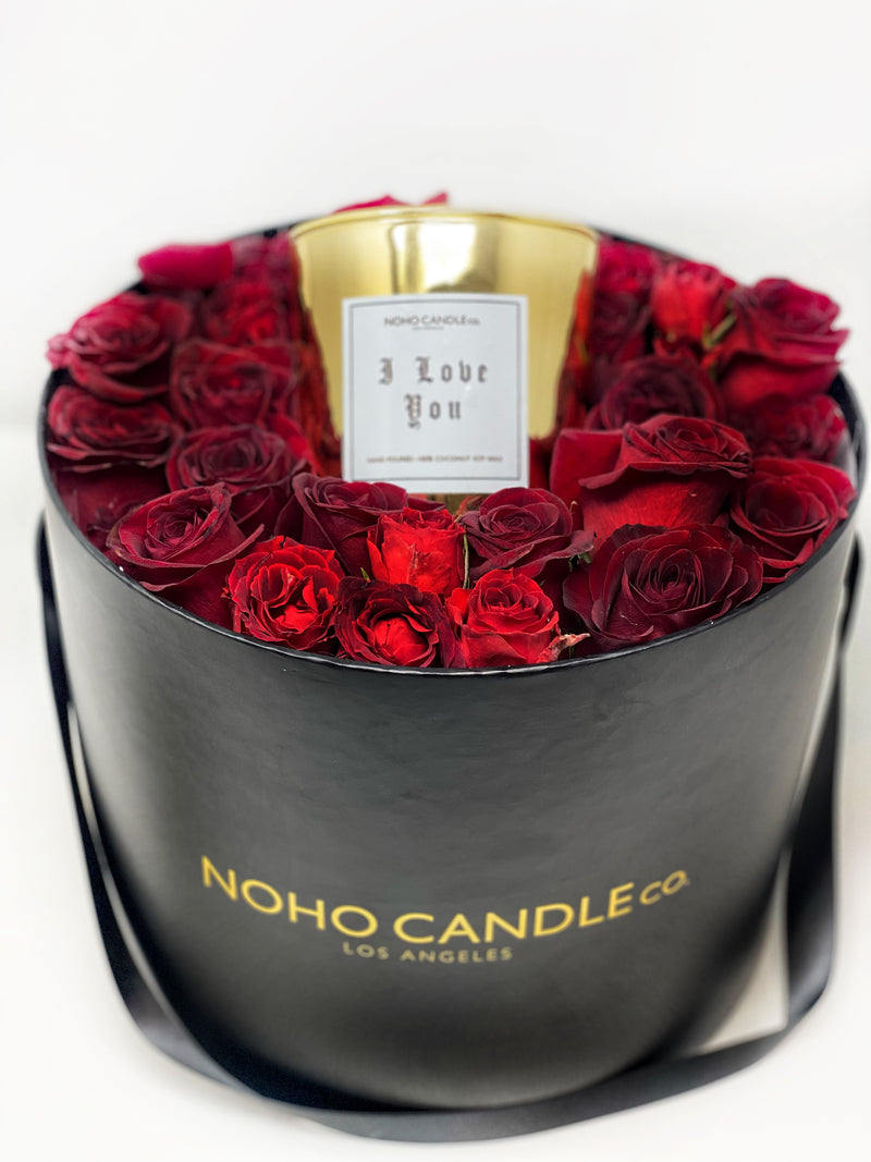 I Love You / Te Amo Flower Box with large 2 wick gold candle – NoHo Candle  Co.
