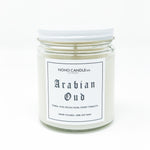 A 9 oz. glass jar containing 8 ounces of Arabian Oud candle.  The lid is white and the candle is, too. 