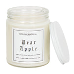 A clear 9oz jar with 8oz of white candle inside it.  The lid is white and screws on.