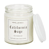 A clear 9oz jar with 8oz of white candle inside it.  The lid is white and screws on.