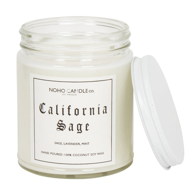 A clear 9oz jar with 8oz of white candle inside it.  The lid is white and screws on.