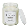 An 8oz short Pumpkin Patch candle.  The wax is white, the jar is clear, and the lid is white and screws on.