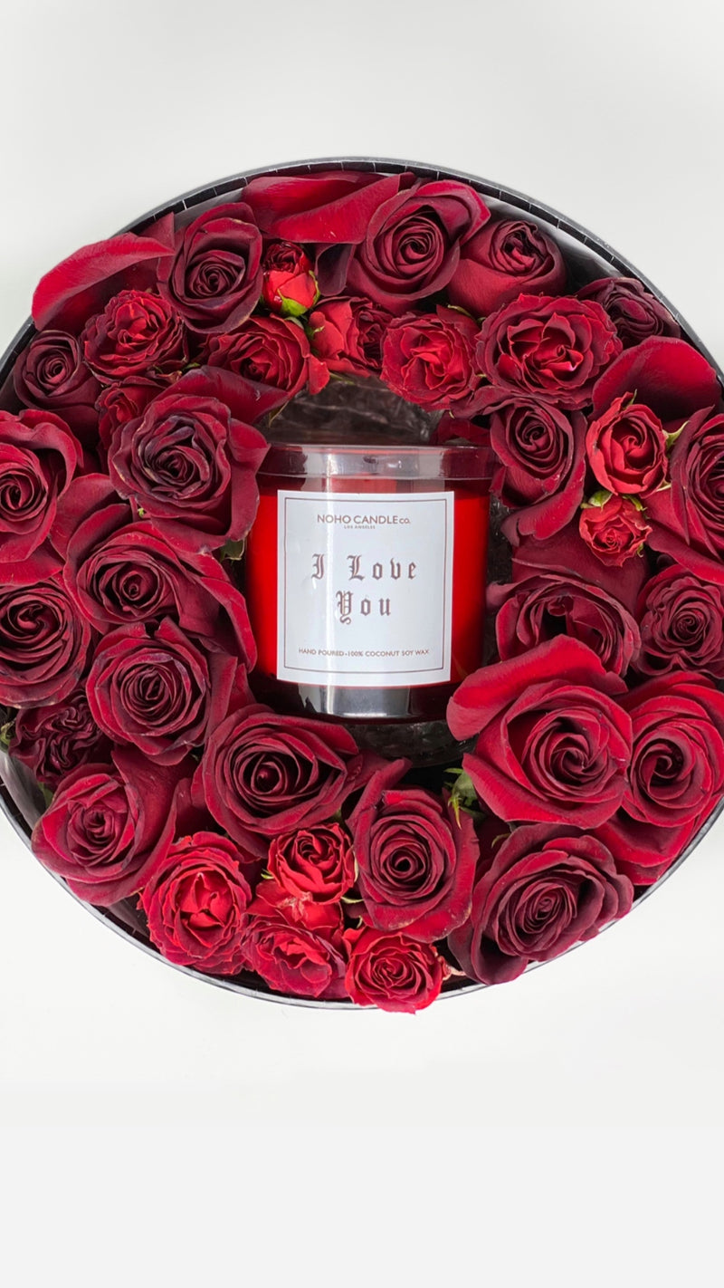 I Love You  / Te Amo Flower Box with small wood wick Candle.