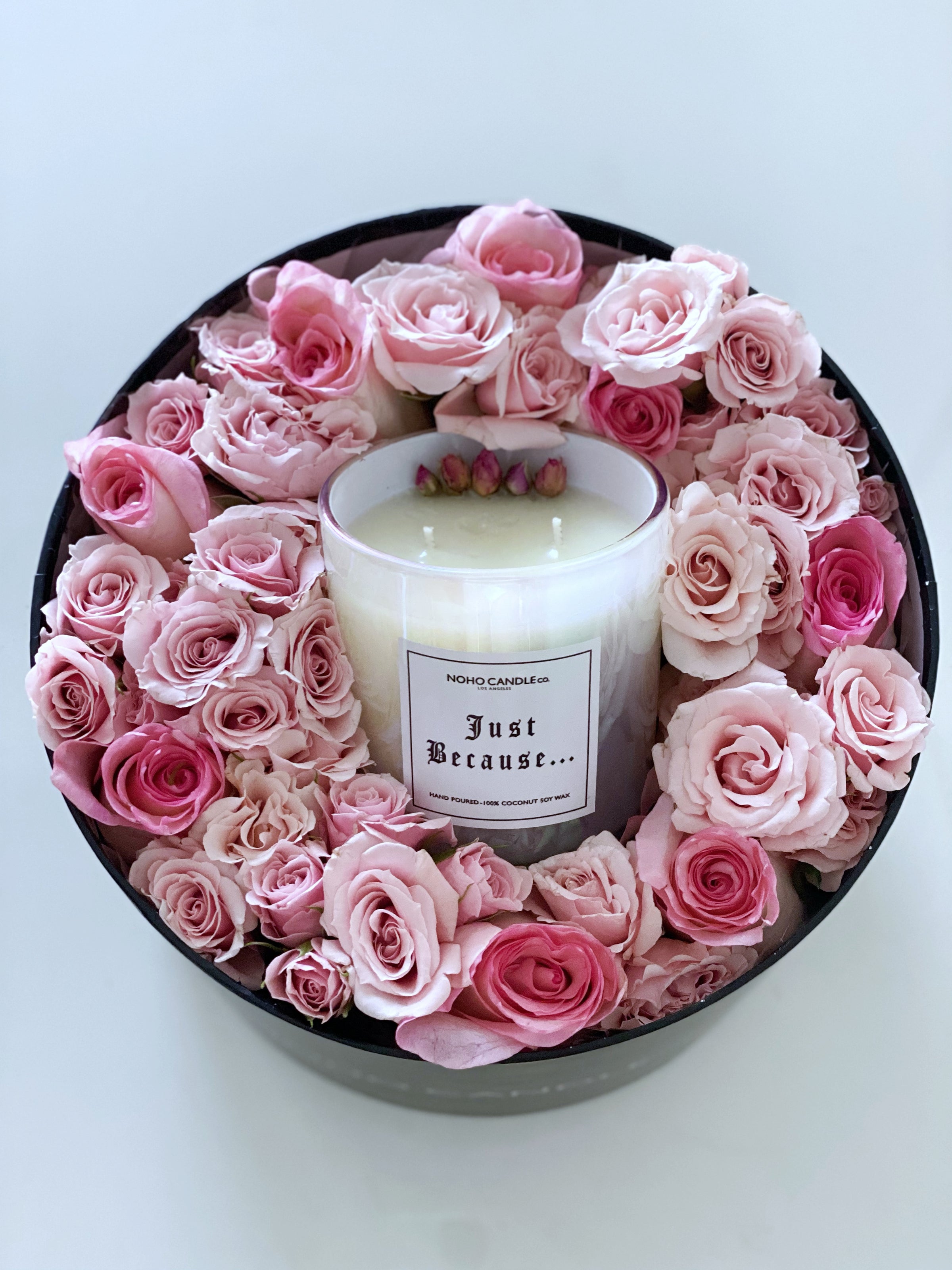 Just Because Flower Box with white iridescent 2 wick candle – NoHo Candle  Co.