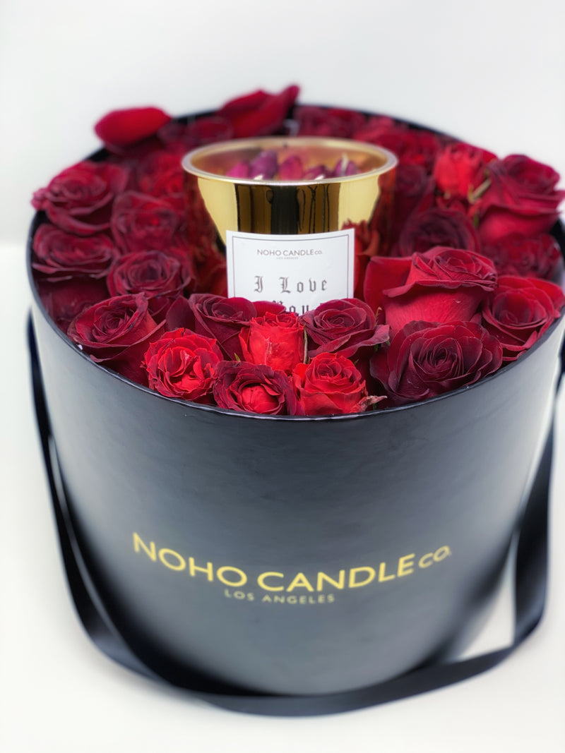 I Love You  / Te Amo Flower Box with large 2 wick  gold candle