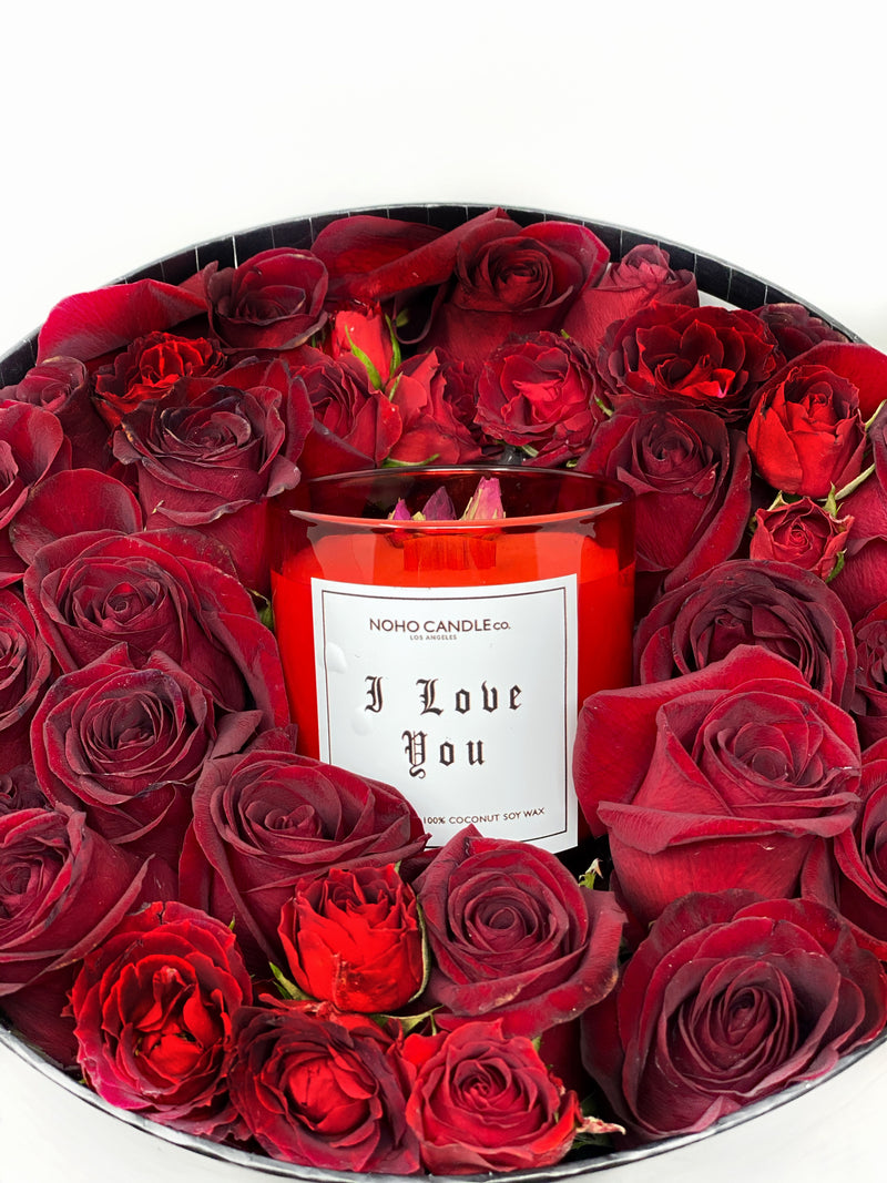 I Love You  / Te Amo Flower Box with small wood wick Candle.