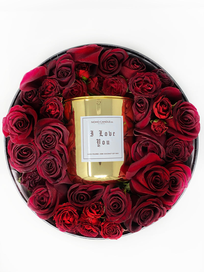 I Love You  / Te Amo Flower Box with large 2 wick  gold candle