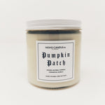 The 16-oz jar for the pumpkin patch candle.  It comes with a white lid and the color scheme is mostly white with some hints of black.  The candle comes in a glass jar.