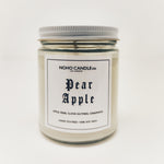 A white Pear Apple candle in a clear glass 9oz jar with a white lid.  The amount of candle inside the jar is 8 fluid ounces.